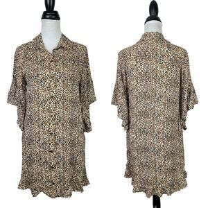Umgee Leopard Print Bell Sleeve Button Front Collared Shirt Dress w POCKETS